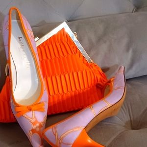 Beautiful  silk two-tone purple and orange kitten heel shoe sz 10.5 shoes only